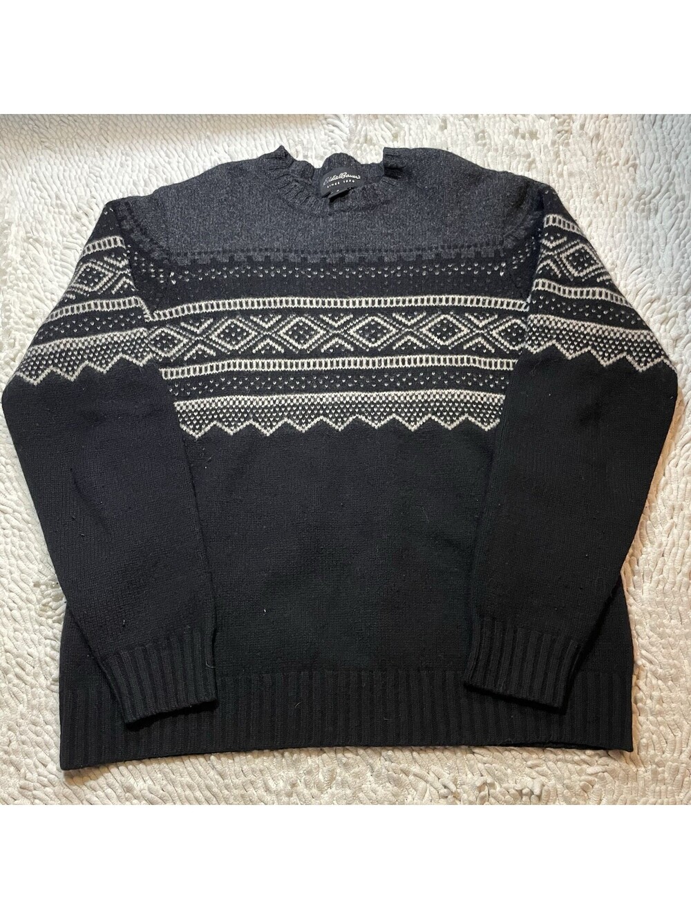Eddie Bauer Men's Lambswool Fair Isle V-Neck Pullover Sweater Black Gray Medium